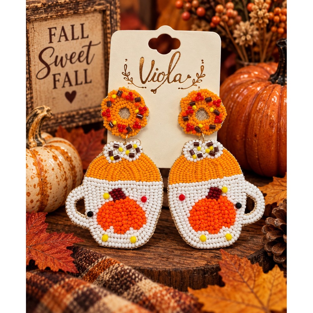 Pumpkin Coffee Mug Seed Bead Earrings Donut Fall Statement Earrings